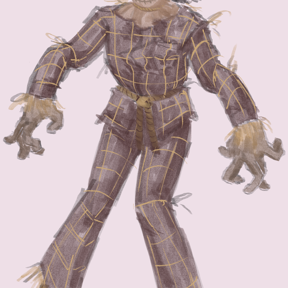 A drawing of a scarecrow in a mocha brown suit with a gold grid pattern. His oversized newsboy cap bears the same scheme, a rope tied around his would-be waist, and straw pokes out from his sleeves and seams. His arms and fingers bend loosely without skeletal structure, while his legs point inward around his knees and bend outwards towards his black boots. His head is tied atop the suit with rope, featuring big eyes, a rounded nose, and a kind smile, topped off with braided hair in whimsical shapes and curls.