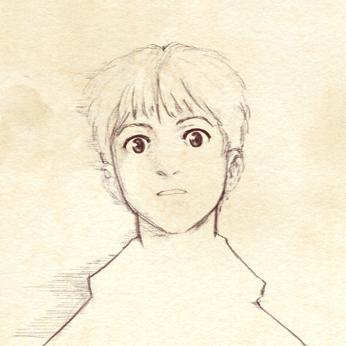 A bust sketch of Shinji Ikari, a young boy with short, shaggy hair and wearing a white button-up, staring at the viewer. A glisten in his eyes and mouth slightly open, dashed lines litter the outline of his figure; as though his shape is fluid and fuzzy. The sketch is rendered with only lineart on tea-stained paper to give an aged effect.